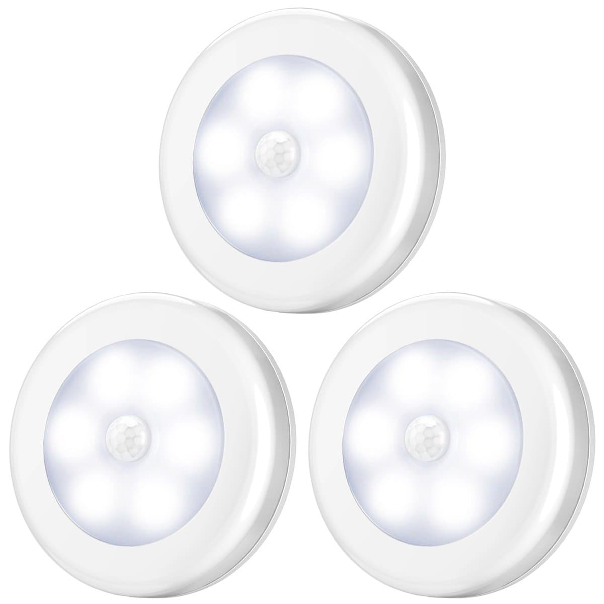 Upgraded 3.15” Motion Sensor Light Indoor, Cordless Battery Powered Stick on LED Night Lights for Closet, Stair, Under Cabinet, Hallway, Kitchen (White - Pack of 3)
