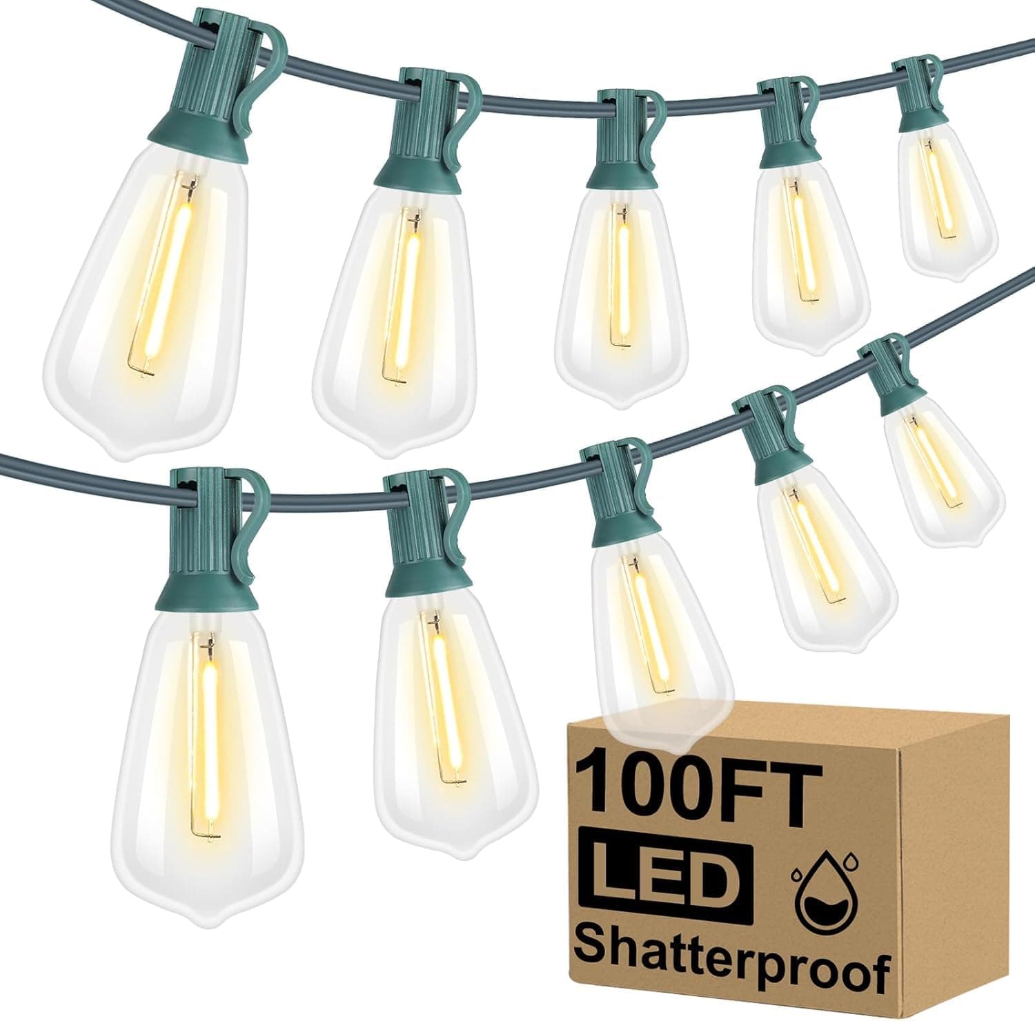 Brightever 30M Outdoor LED String Lights with 52 Shatterproof ST38 Edison Bulbs Waterproof for Porch Garden Patio Balcony