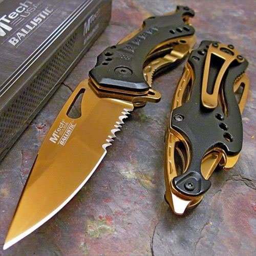 M Tech Tactical Folding Knife Gold Titanium Coating Stainless Steel Blade Knife