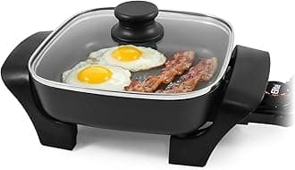 Elite Gourmet EG808 Electric Skillet 8"x8" Non-Stick Coating, Tempered Glass Lid, Removable Thermostat 200°F–400°F, Dishwasher Safe, 600W Compact 2.5-Qt Capacity for Eggs, Bacon & One-Pot Meals, Black