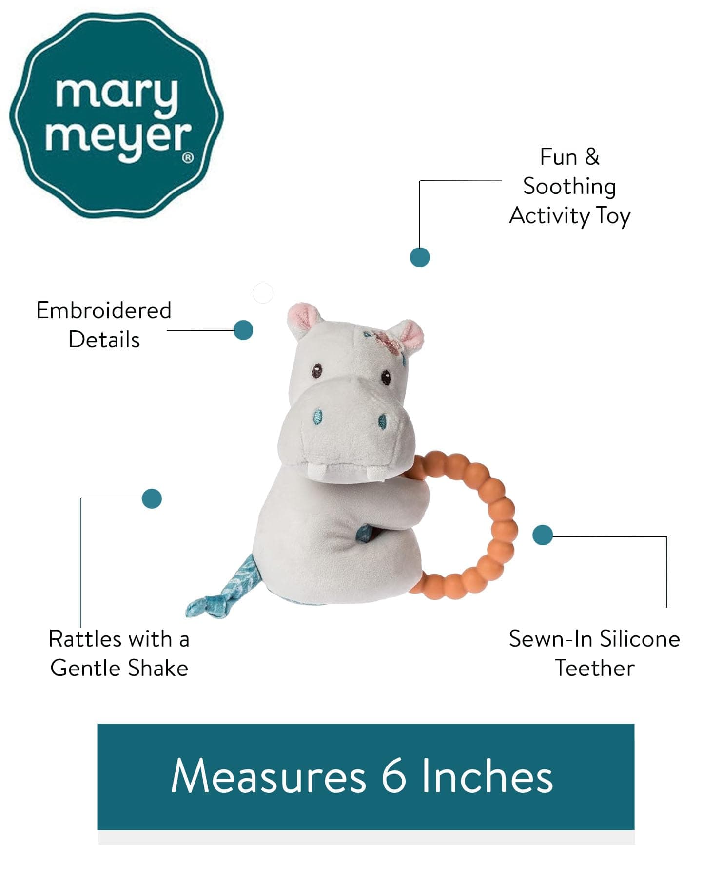 Mary Meyer Soft Baby Rattle with Soothing Teether Ring, 6-Inches, Jewel Hippo