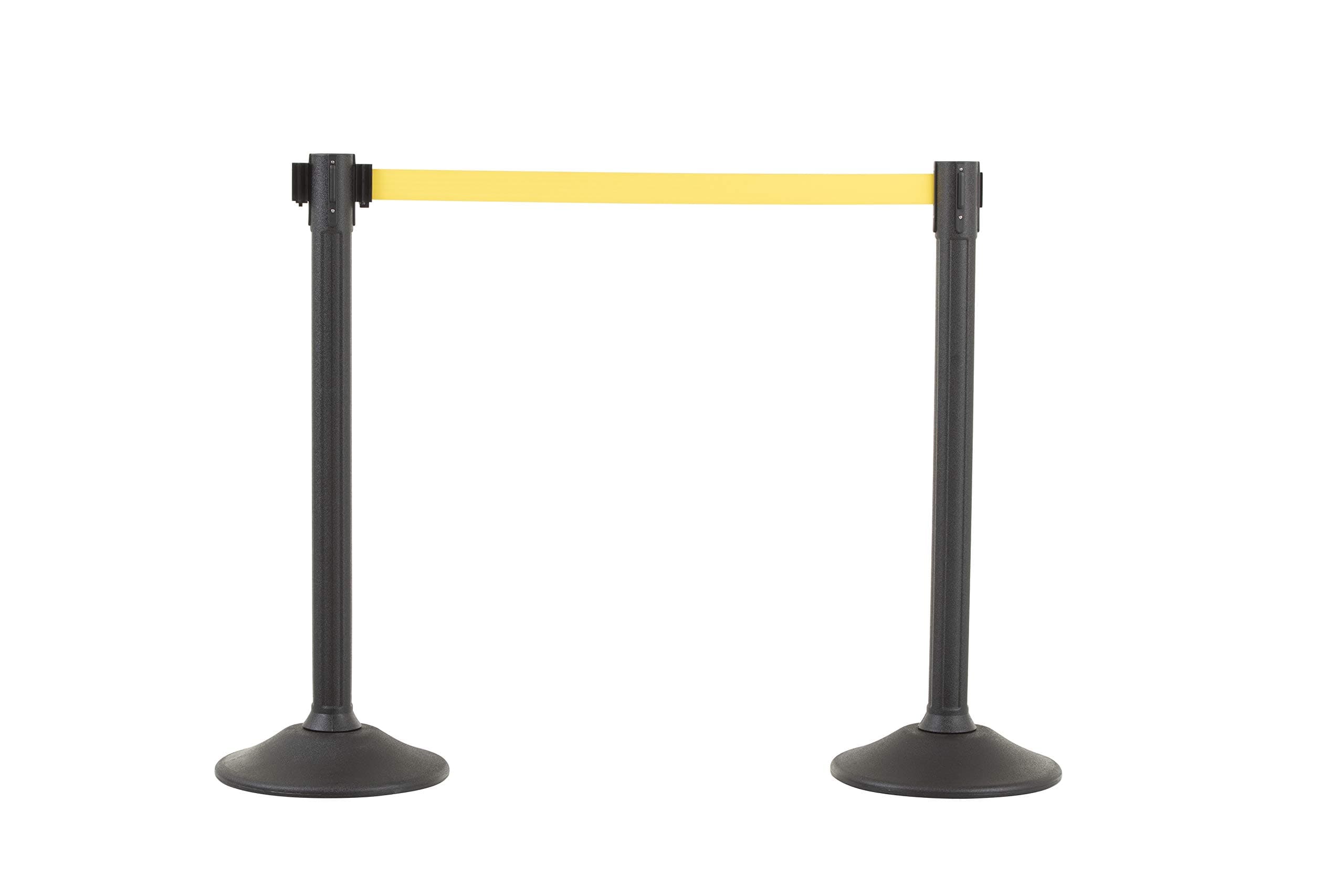 US Weight Black Plastic Stanchion for Crowd Control with 6.5' Retractable Yellow Barrier Belt with Tool-Free Assembly and Universal Belt Ends that Fit Most Brands - Pack of 2 - Made in the USA