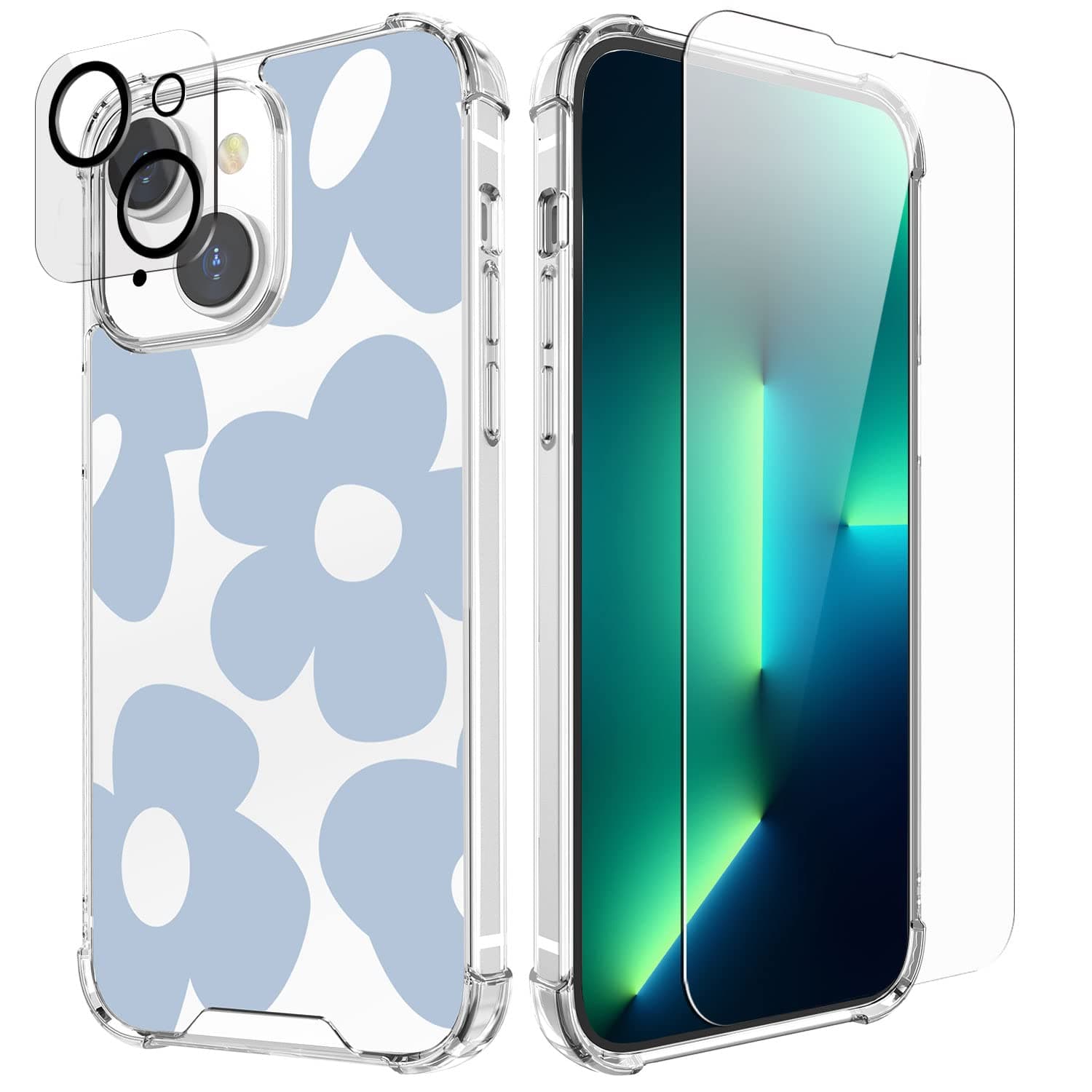 Cutebe Cute Clear Crystal Case for iPhone 13 6.1 inch 2021 Released,14 ft Shockproof Series Phone Case with Tempered Glass Screen Protector + Camera Lens Protector for Women, Girls