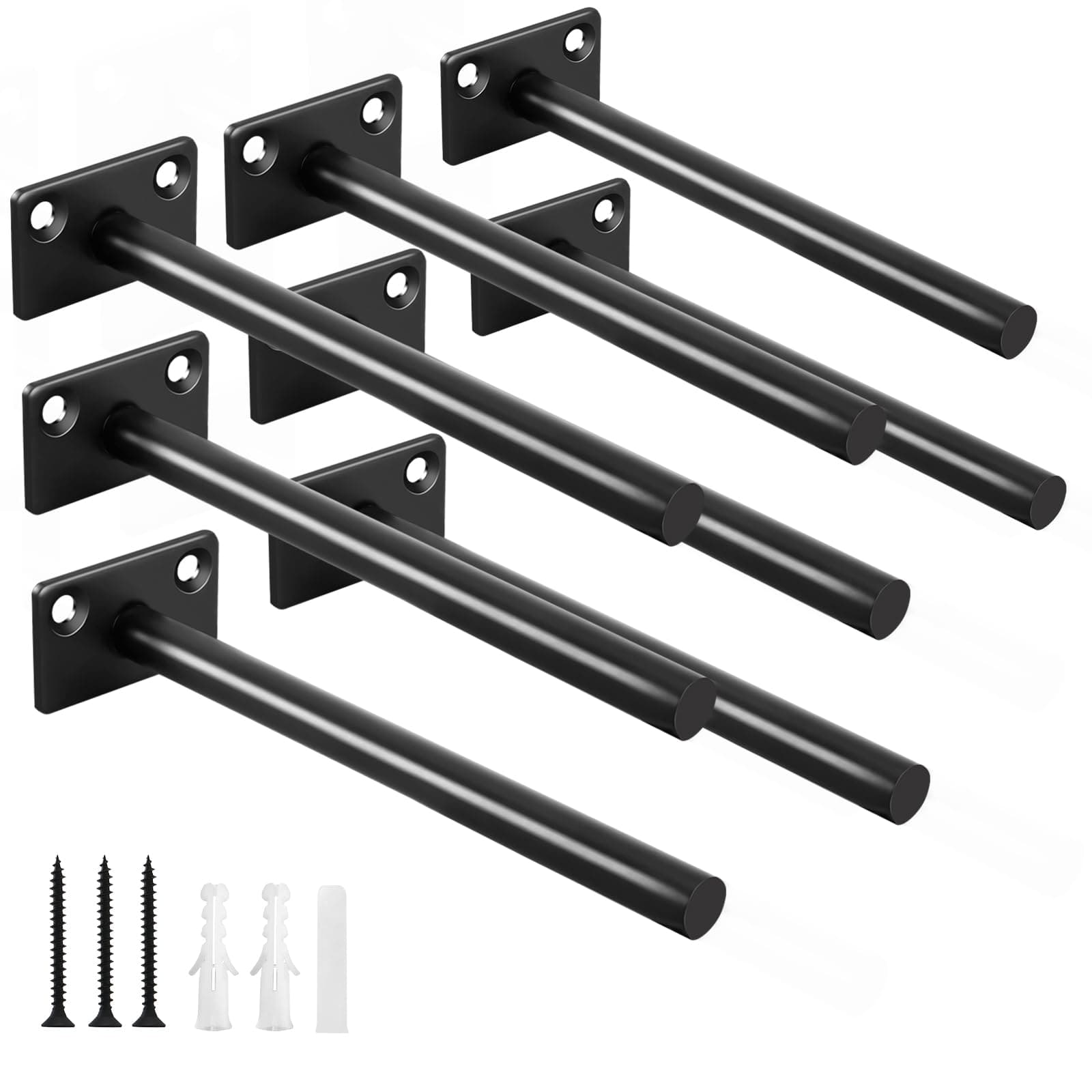 8 Pcs 6" Black Solid Steel Floating Shelf Bracket Blind Shelf Supports - Hidden Brackets for Floating Wood Shelves - Concealed Blind Shelf Support – Screws and Wall Plugs Included