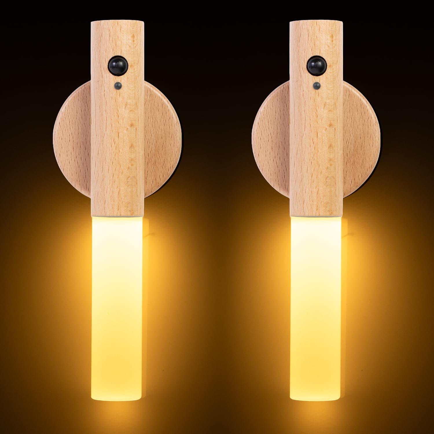 Doraimuni 2PCS Rechargeable Motion Sensor LED Night Light Wooden Wall Sconce, Removable Magnetic Wall Lights for Bedroom Hallway Stairway Porch, White [Energy Class A]
