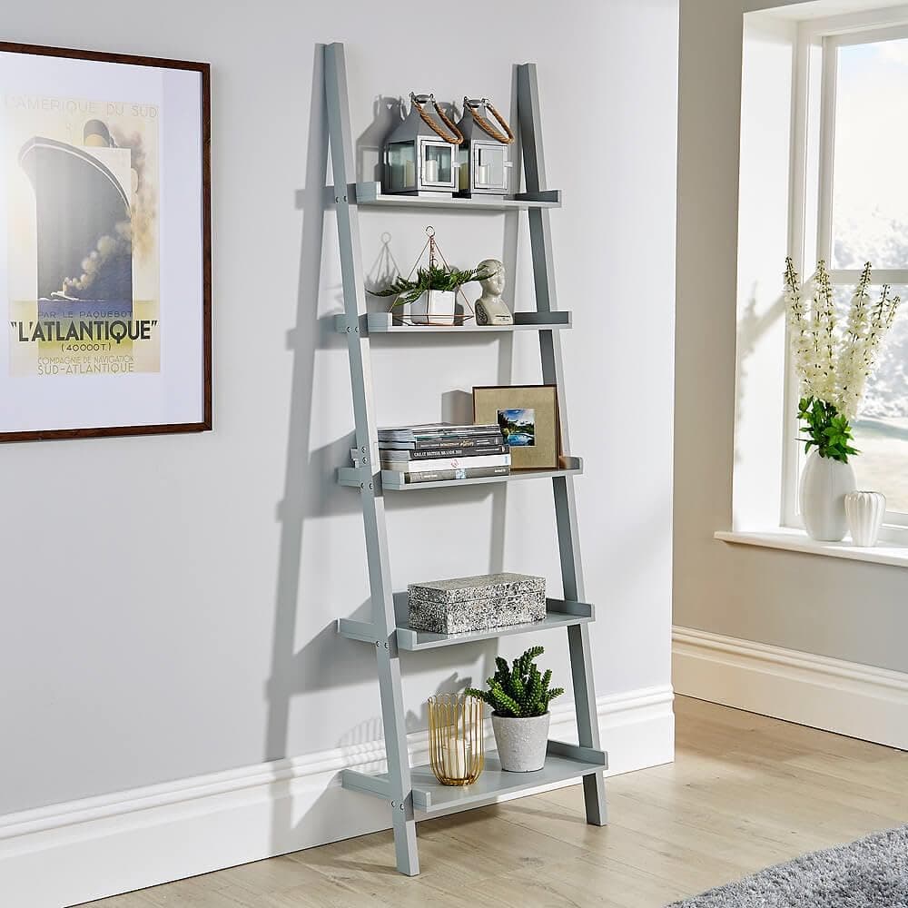 Home Source Ladder Bookcase Shelving Unit Display Ornament Stand Shelf Wall Rack Storage, Grey, 5 Tier
