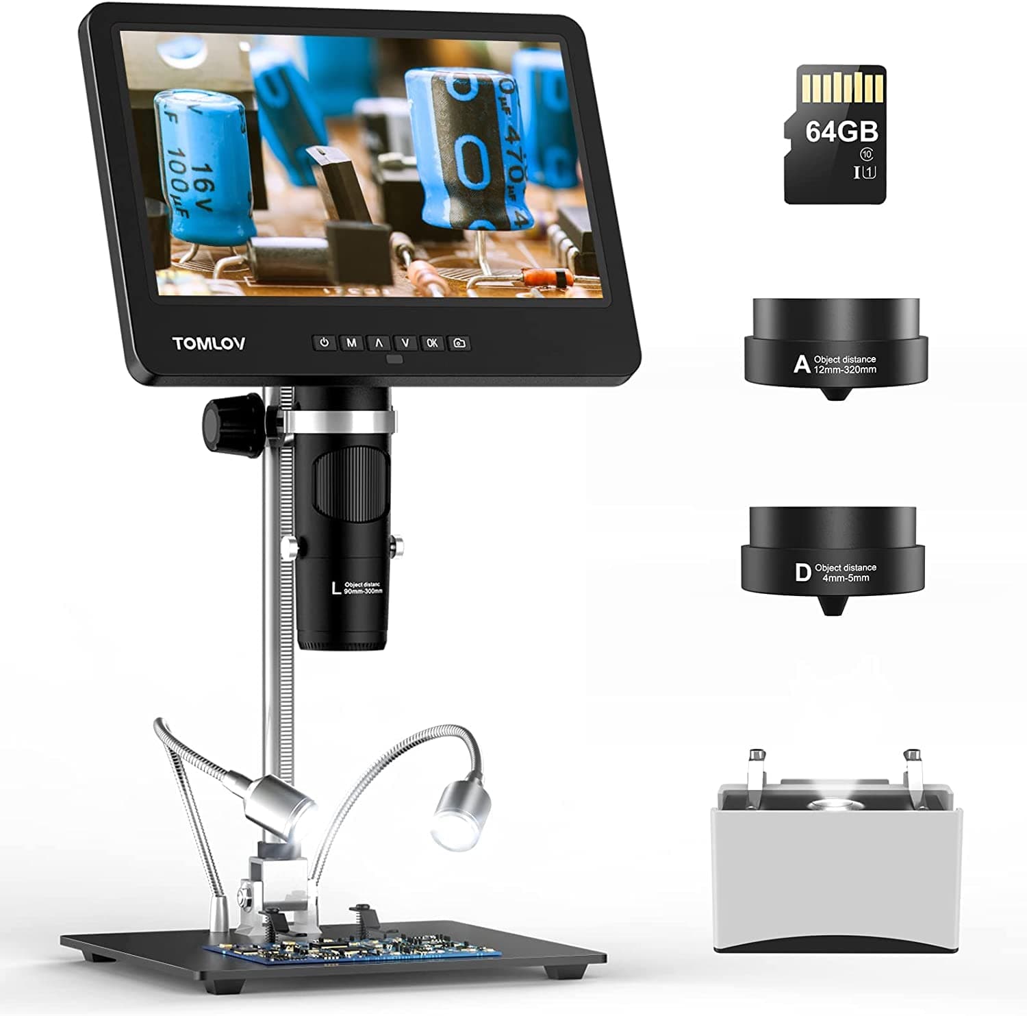 3 Lens Digital Microscope,TOMLOV DM601 HDMI Microscope with 7 inch IPS Screen, Slide Holder Included, Soldering Coin Microscope with 10 inch Stand,64GB，Windows/Mac Compatible