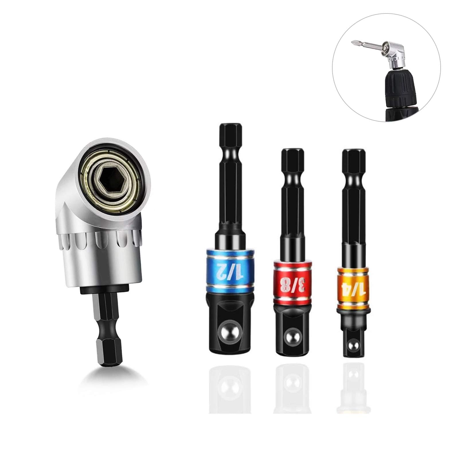 Right Angle Drill Attachment 105°+3 PCS Impact Socket Adapter Black 1/4" 3/8" 1/2"Hex Shank Universal Drill Bit Extension Set, 1/4” Hex Shank for Tight Space