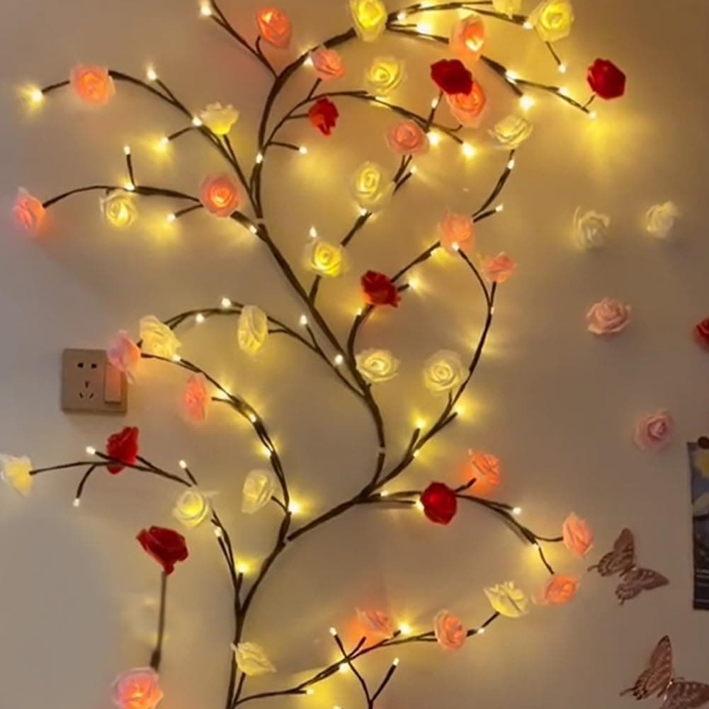 Rose LED Tree Branch Lights for Wall,Rose Blossom Willow Vine Branch Room Decor Gift,Flexible DIY Design,with 72 LED Lights and Remote,8 Lighting Modes,for Bedroom and Wall Decor (63inch)