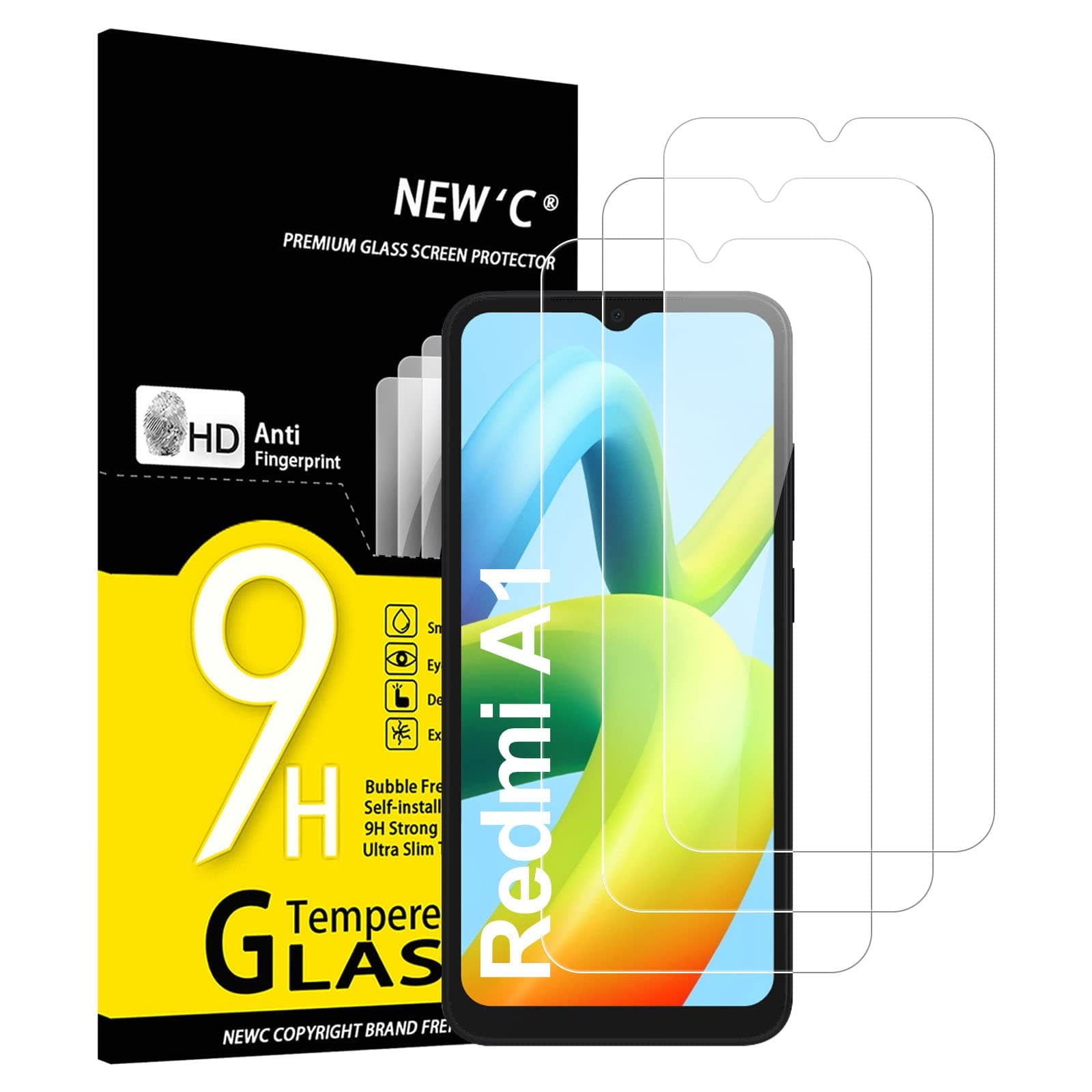 NEW'C 3 Pack Designed for Xiaomi Redmi A1,A1+,A2,A2+ Screen Protector Tempered Glass, Anti Scratch, Bubble Free, Ultra ResistaClimatePartner certified