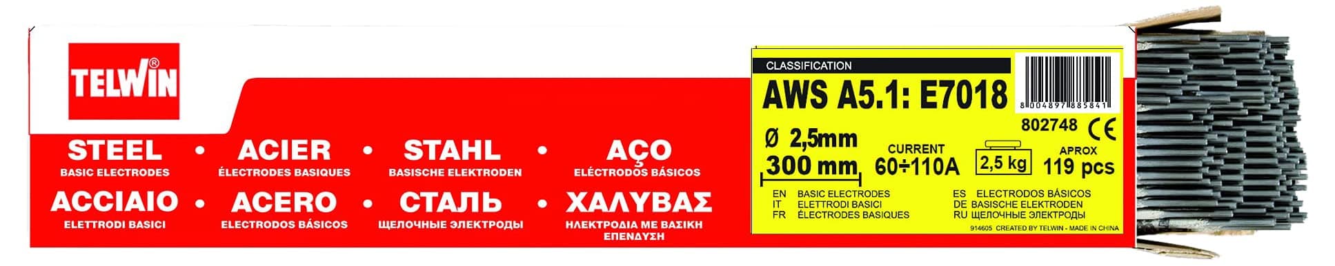 Basic Package Steel AWS a5.1: E7018, Ø 2.5 x 350 mm, 2.5 kg, 1 Pack of 119 units