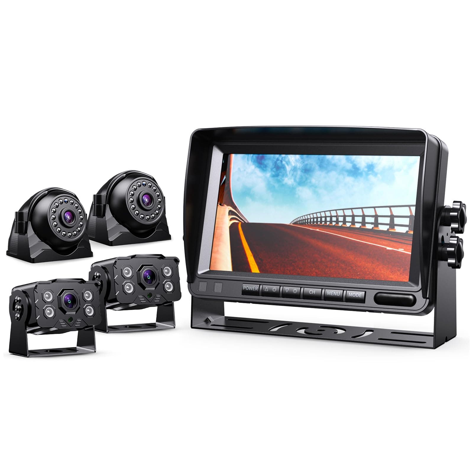 eRapta HD 1080p Backup Camera System Kit, 7-inch Reversing Monitor with Quad Split Recording IP69 Waterproof, Rear View Side View Cameras, Backup Camera for RV Truck/Trailer/Tractor/Box/Camper Y0202