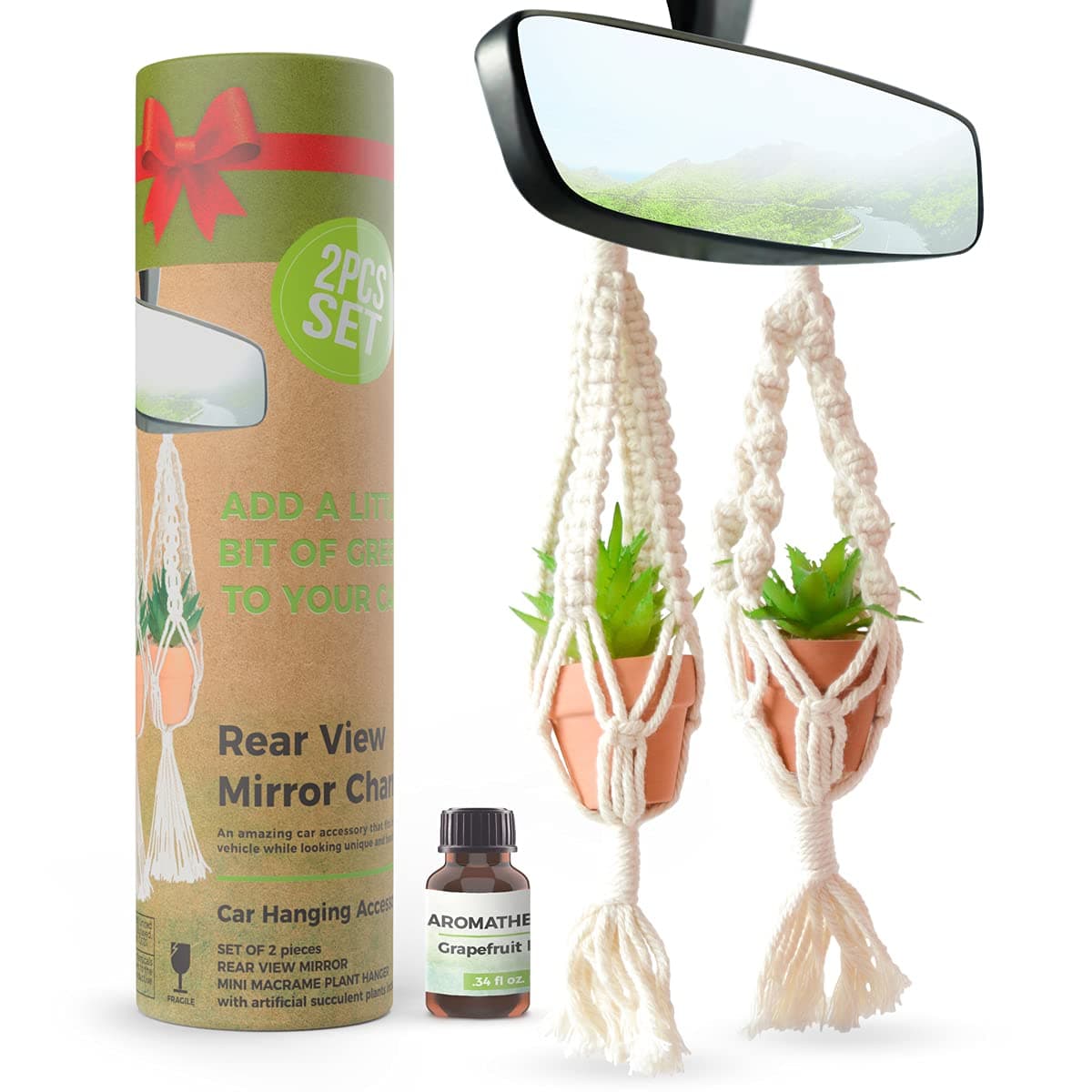 2 Pcs Set Hanging Succulent Pots with Essential Oil And Artificial Succulents - Perfect for Home, Office, or Auto Rear View Mirror Acessories For Men Women. Boho Hanging Decor Decoration, Oil Diffuser