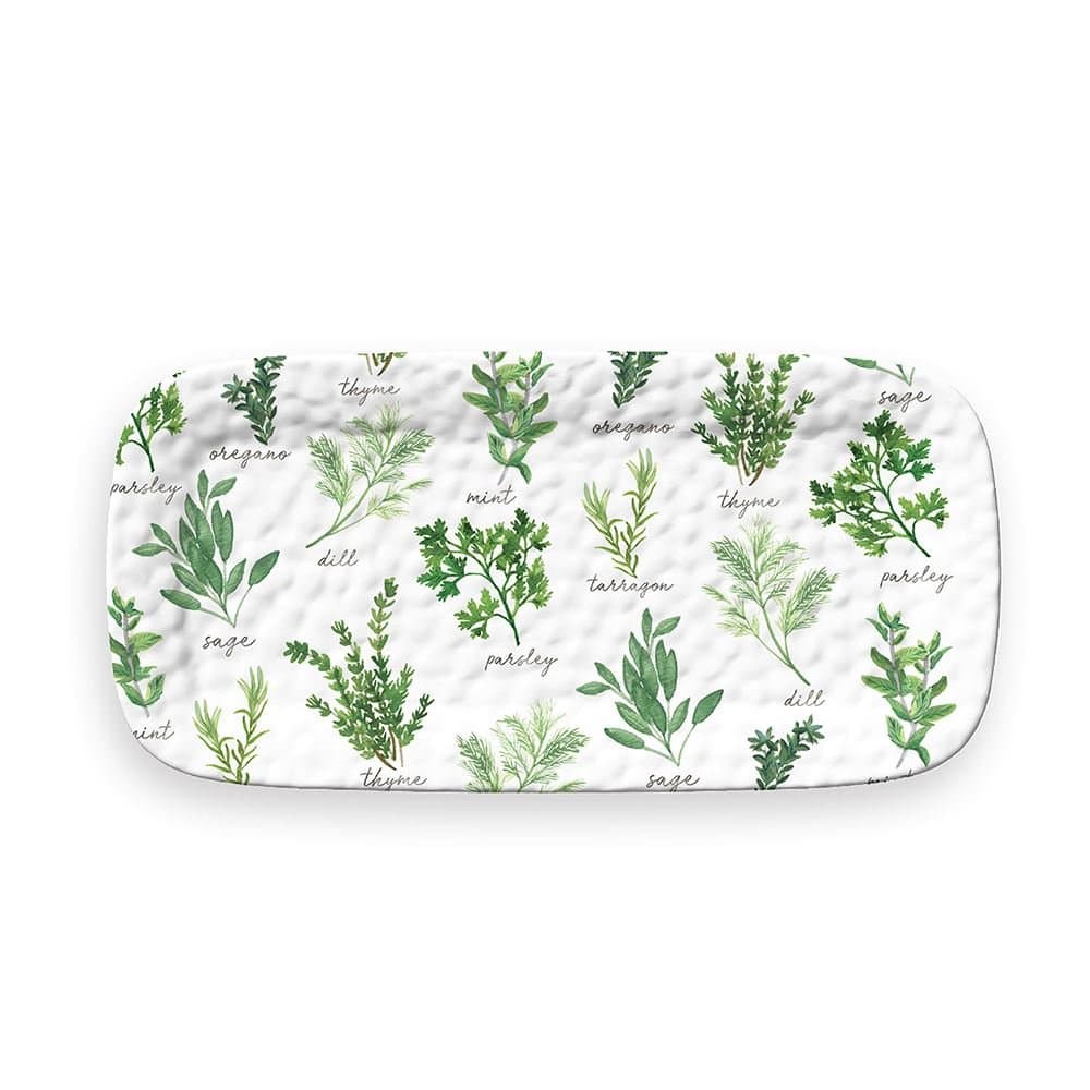 Epicurean Melamine White & Green GARDEN HERBS Appetiser Plate / Rectangular Sandwich Tray / Platter - 43cm