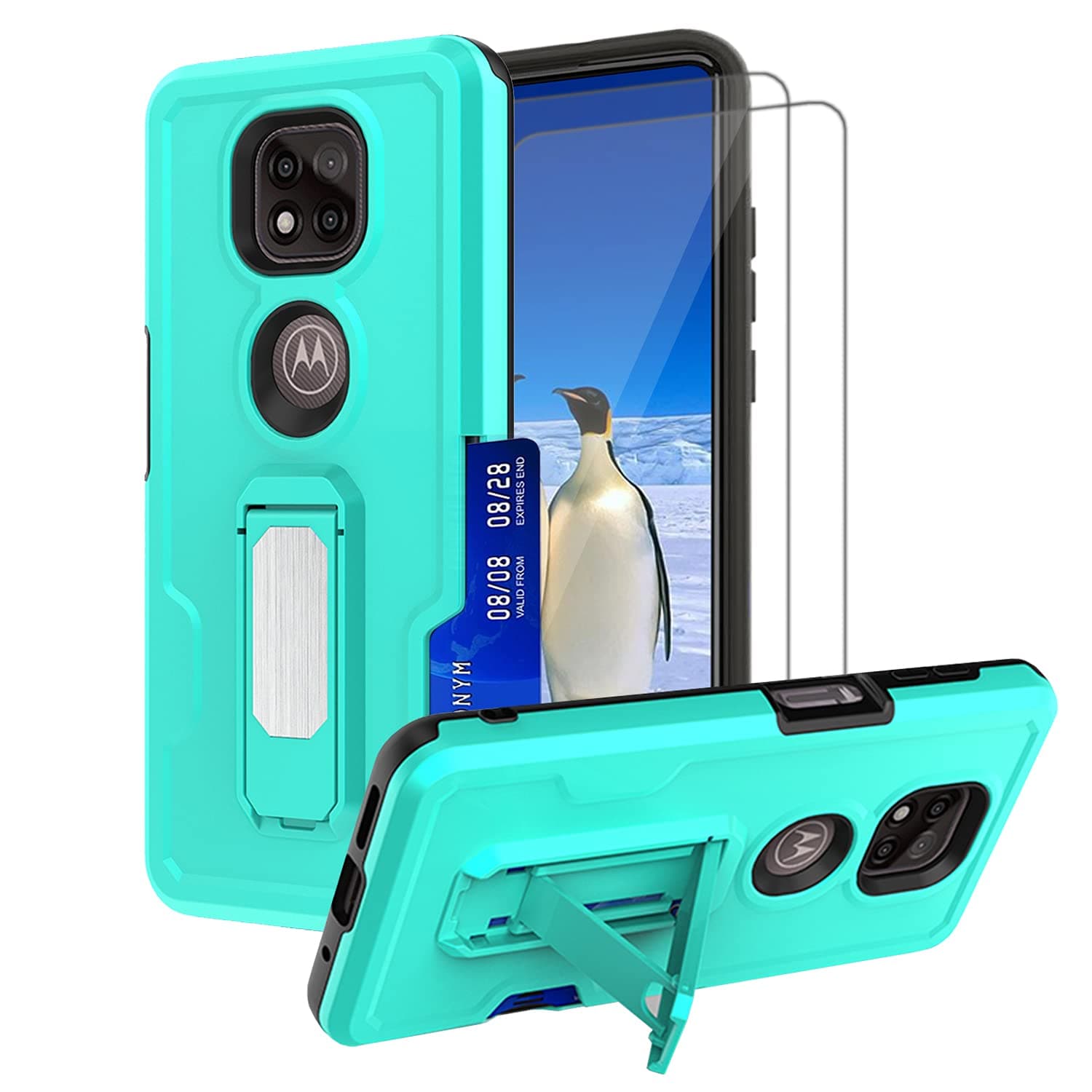 for Moto G Power 2021 Case, with HD Screen Protector[2 Pack],Built Kickstand Wallet Card Slot Phone Case, Dual Layers Hybrid Heavy Duty Hard Shell Compatible Motorola G Power Cover Case -Green