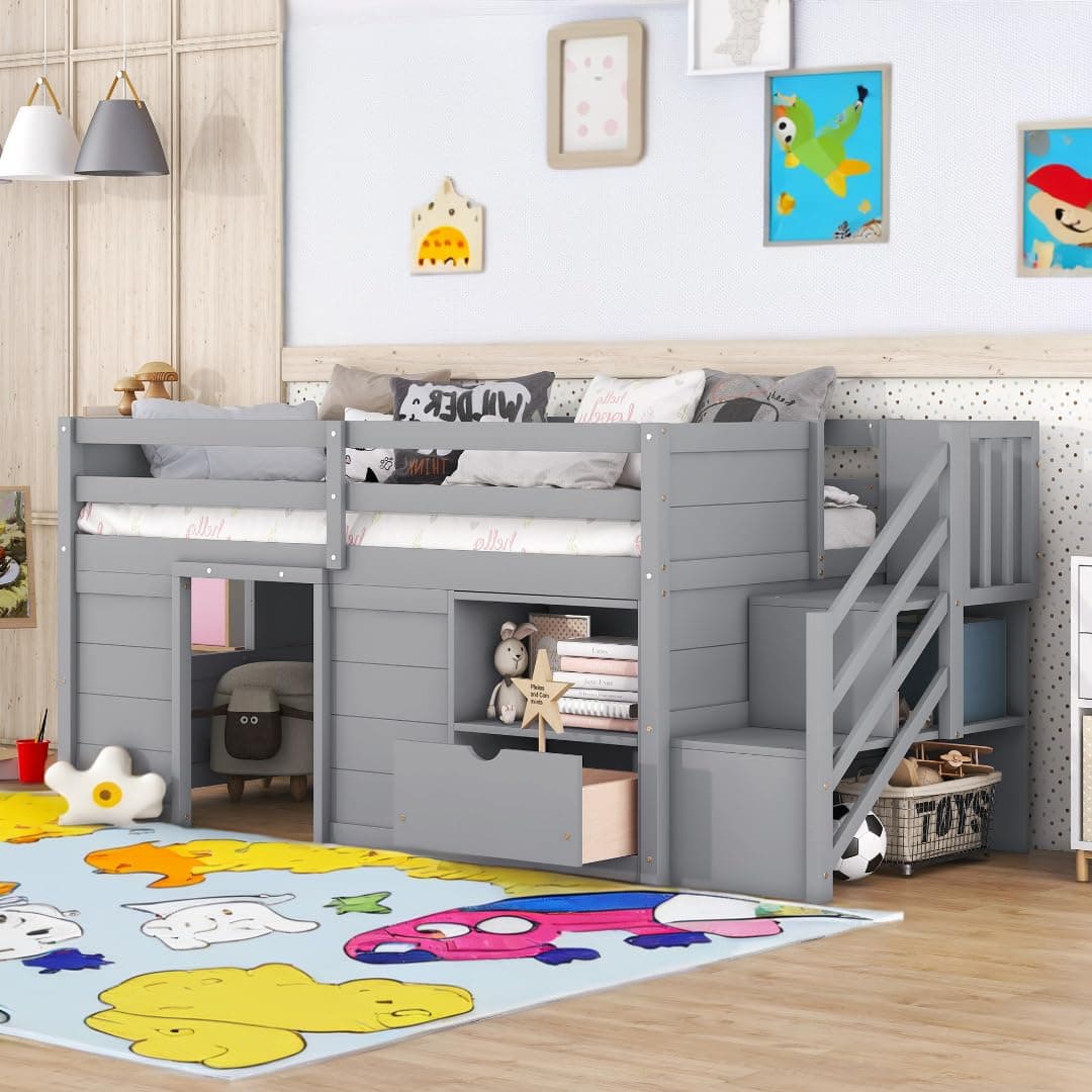Okak Twin Size Low Loft Bed with Playhouse Loft Bed Frame with Drawer