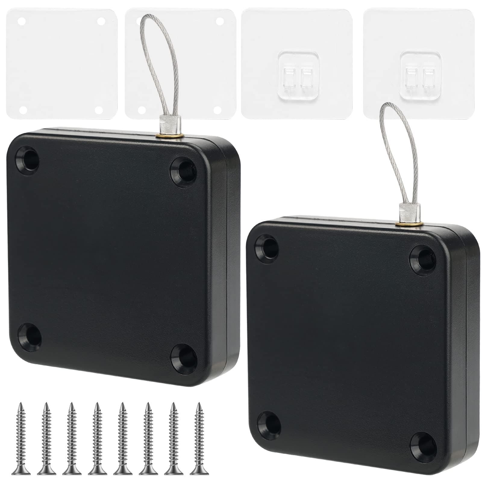 Pack of 2 Automatic Door Closer with Drawstring, Punch-Free, No Drilling, Automatic Closing, Most Doors, Black, ABS + Stainless Steel