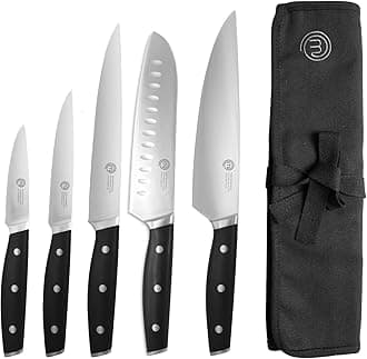 MasterChef Chef Knife Set with Bag, Professional Chef Knives x 5 with Knife Roll Bag, Premium Kitchen Knife Set with High Carbon Stainless Steel Blades & Triple Riveted Handles for Precision Cooking