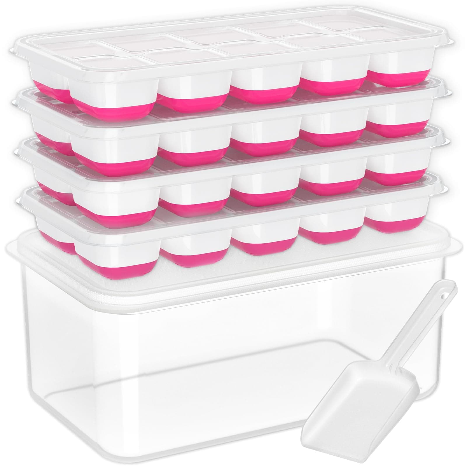 DOQAUS Ice Cube Tray with Lid and Bin - 4 Pack Silicone Ice Cube Trays for Freezer, Stackable Ice Bucket Kits with Storage Container & Scoop for Kitchen, RV, Cocktail, Coffee