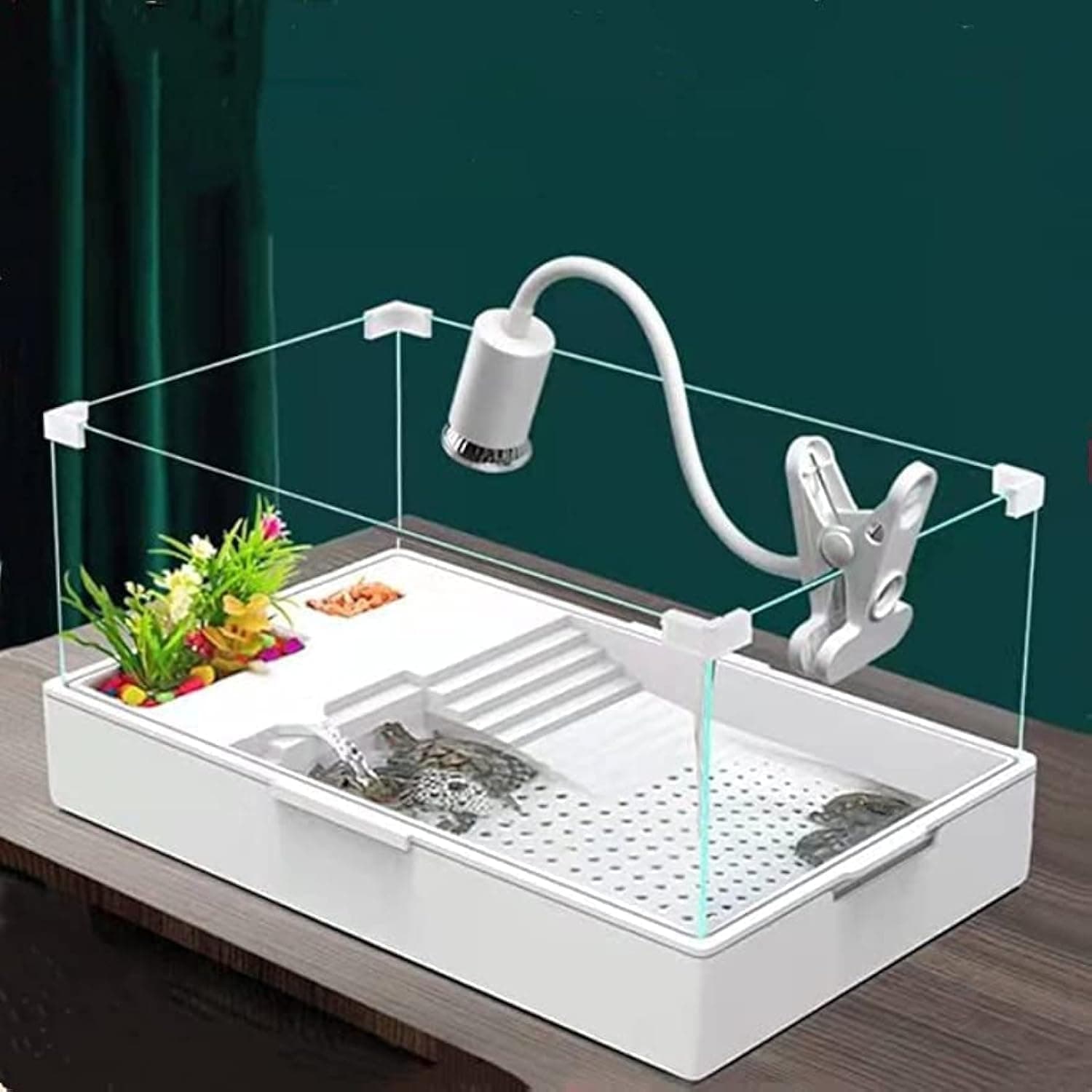 LIODUX Turtle Tank with Adjustable Water Pump Filter, Full View Visually Tortoise Aquarium Habitat, Easy Changing Water and Clean for Small Amphibious Creatures Reptiles