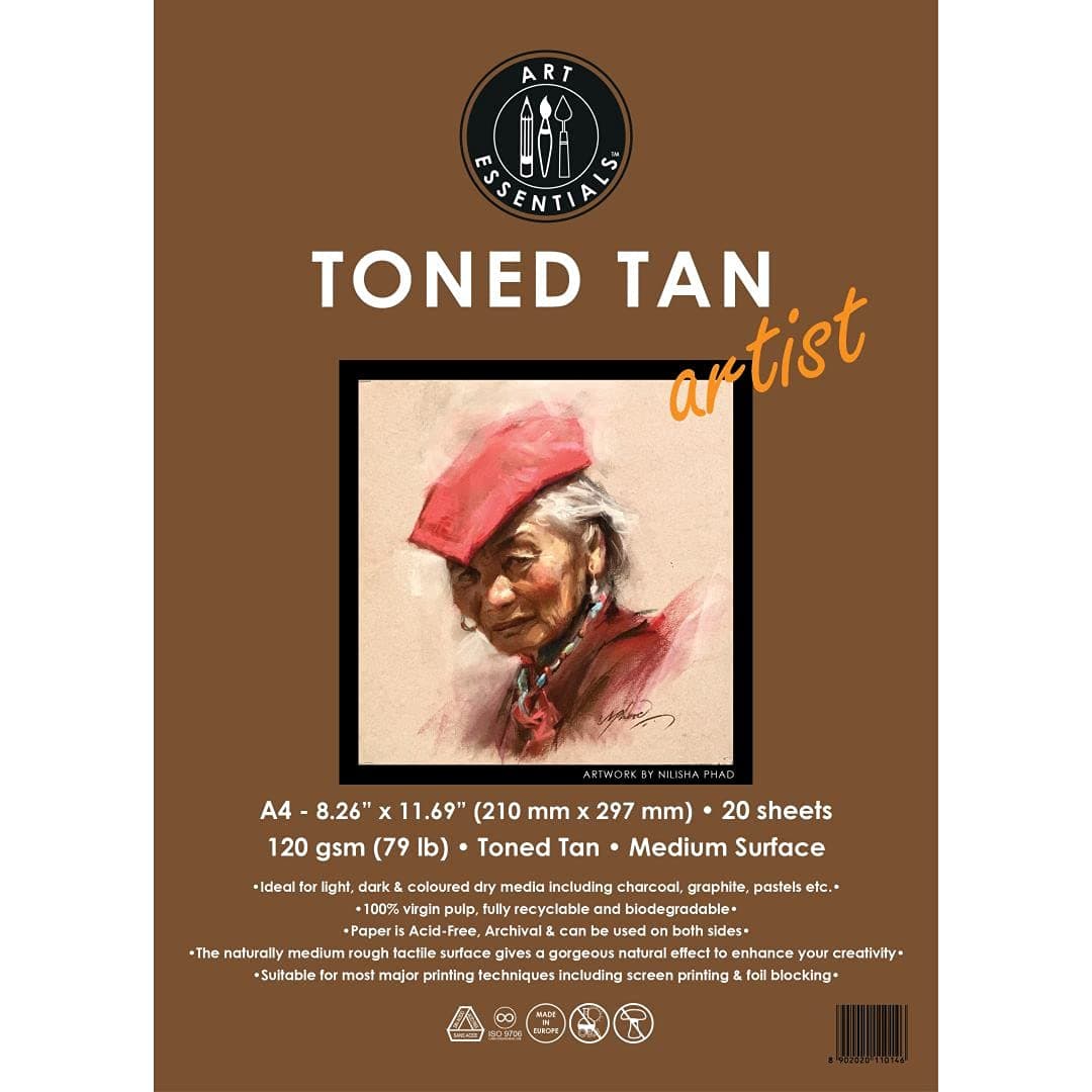 ART ESSENTIALS Toned Sketch Artist A4 Warm Tan Medium Surface 120 Gsm, 20 Sheets Pack, Acid Free Paper For Sketching, Drawing With Graphite, Charcoal, Pastel, Light & Dark Media, Acrylic