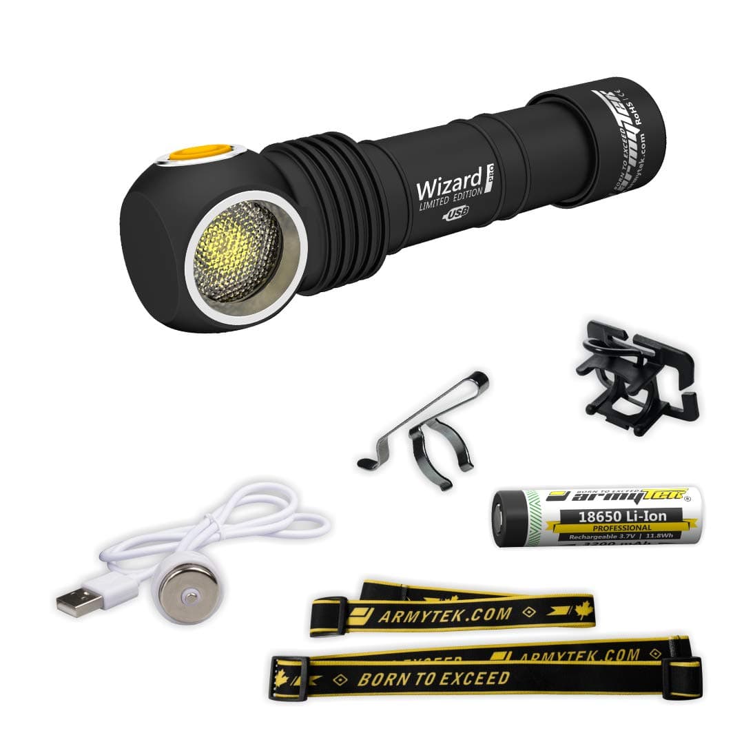 Wizard Pro Nichia LED Magnet USB Rechargeable Headlamp Multifunction Flashlight + 18650 Li-ion Battery