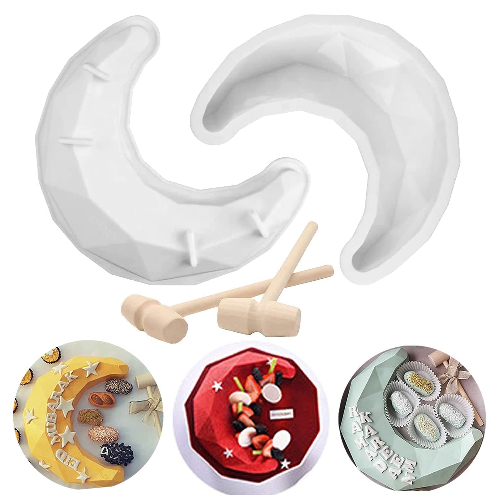 3D Diamond Moon Shape Silicone Cake Mold Chocolate Mousse Dessert Baking Pan Silicone Fondant Mold with 2 Pcs Wooden Hammers Kitchen Bakeware Tools DIY, Eid Mubarak Ramadan Kareem Cake Mold