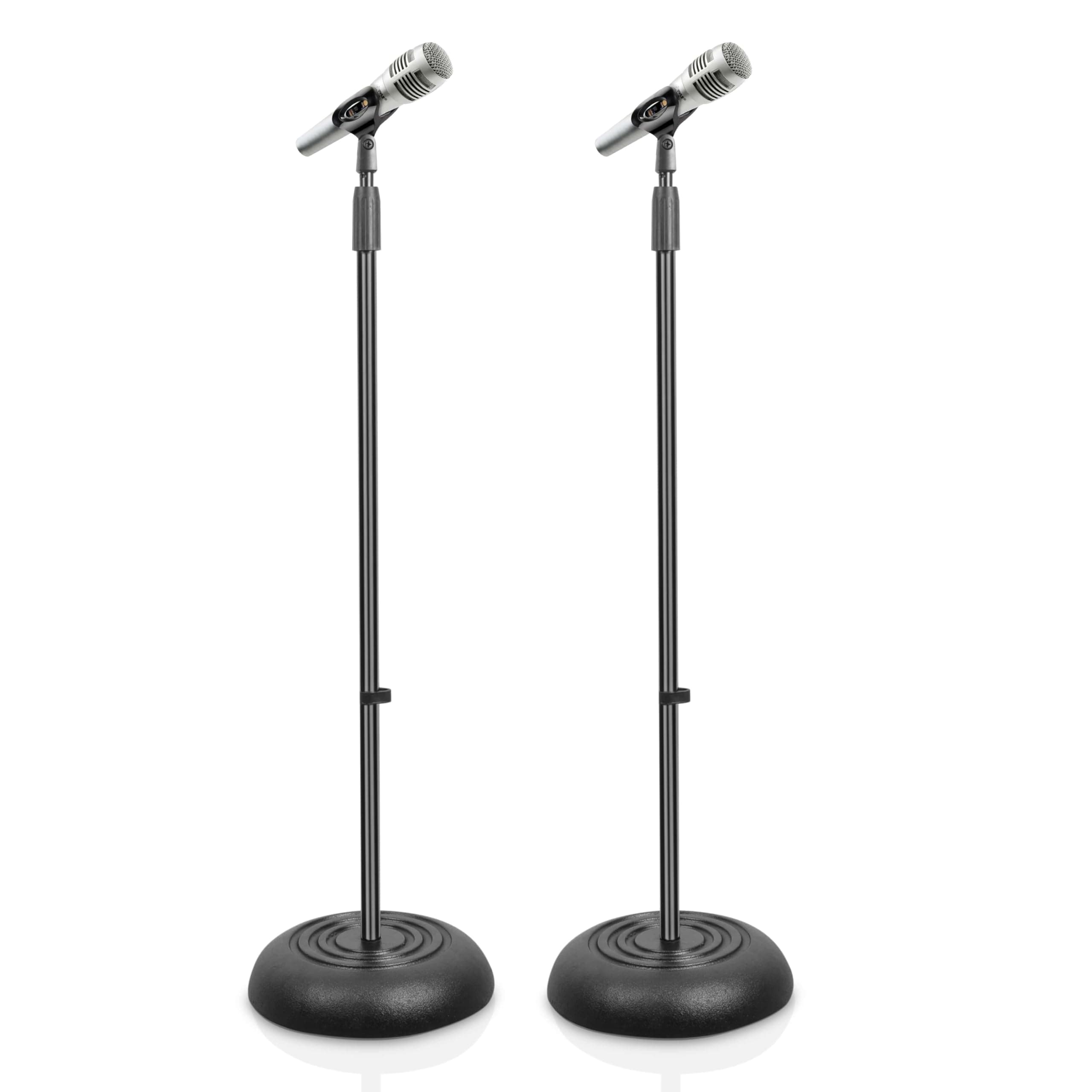 Universal Compact Base Microphone Stand - 2.8 to 5 Ft Height Adjustable Heavy Duty Lightweight Studio Floor Standing Mic Holder w/Standard 5/8" Mic Adapter - Pyle PMKS5X2 (Pair)