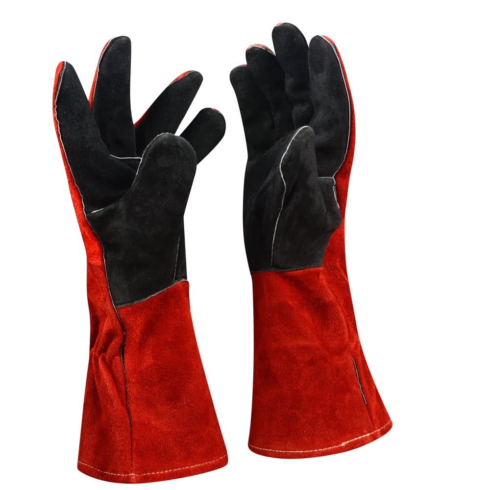 8006 Welding Gloves Heat Resistant Premium Cowhide Split Side Leather Tig Mig Arc Stick Welder Fireplace Gloves, Double Shirred Elastic Waist, 14 inch long, Red and Black