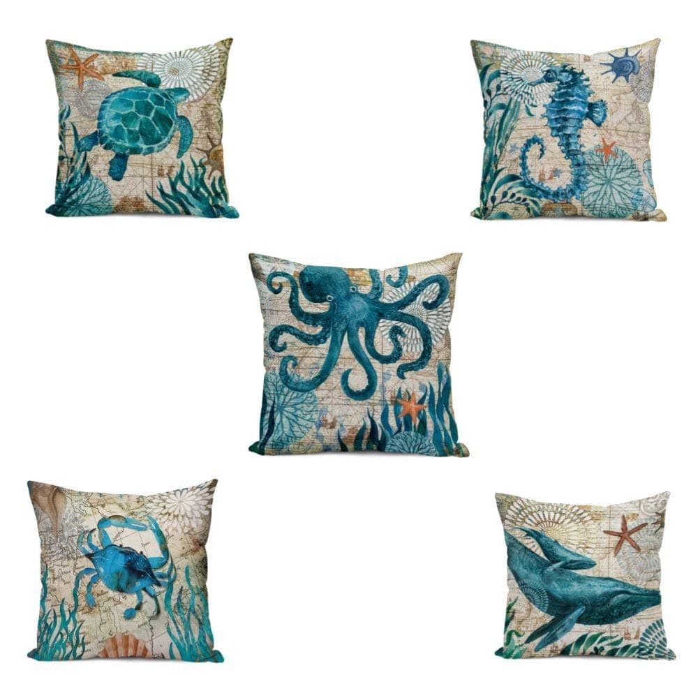 ECONIE Ocean Part Theme Throw Pillow Case (Octopus/Sea Turtle/Dolphin/Crab/Sea Horse) Animal Cotton Linen Suare Pillow Cushion Cover Decorative 18 x18 Inch, Set of 5