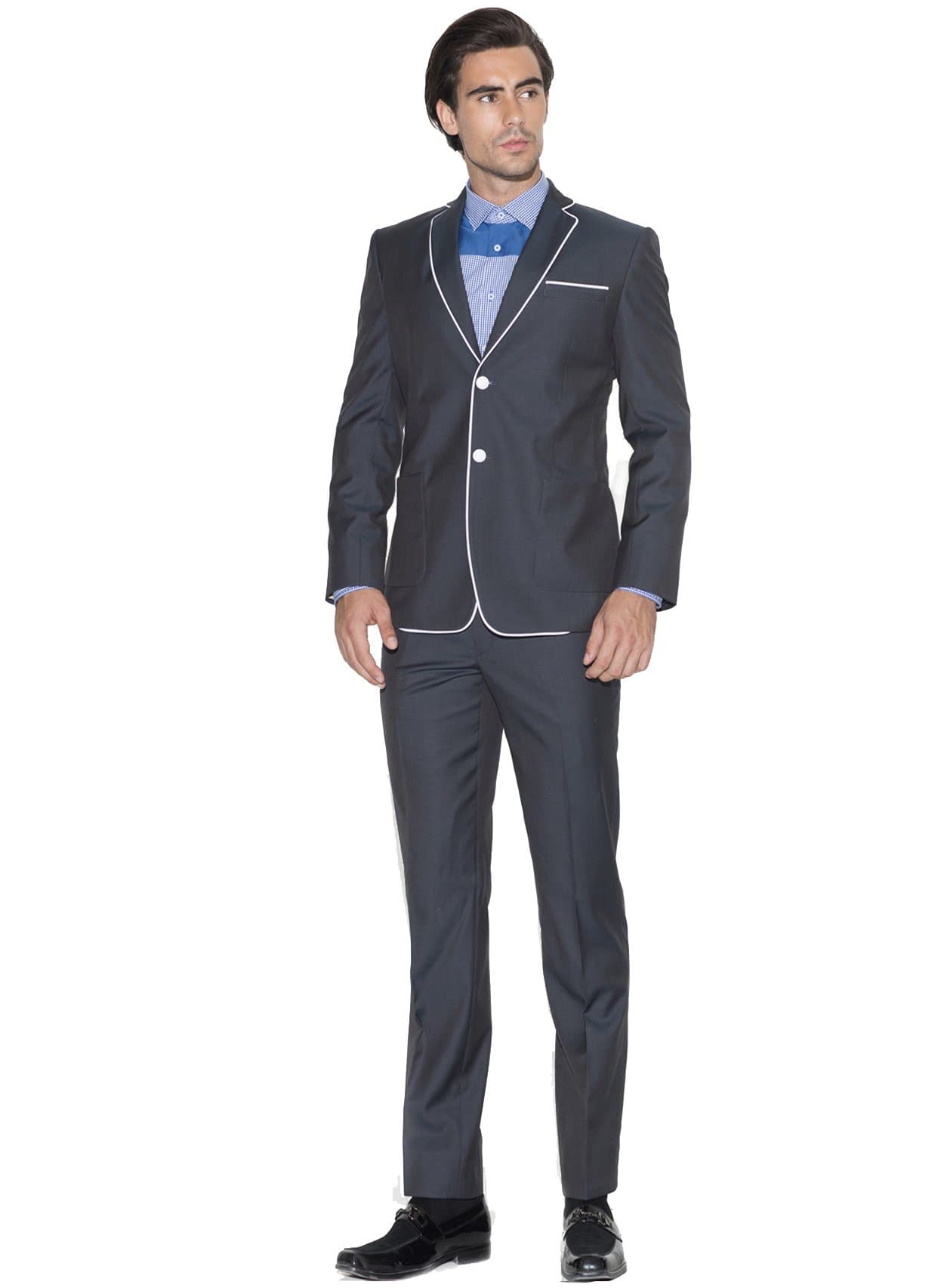 iTailor Medium Grey with White Border Piping 2-Button Suit 60 Long