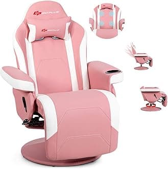 POWERSTONE Gaming Recliner Massage Gaming Chair with Cup Holder Ergonomic PU Leather Single Sofa with Footrest and Side Pouch, Adjustable Living Room Chair Home Theater Seating (Pink)