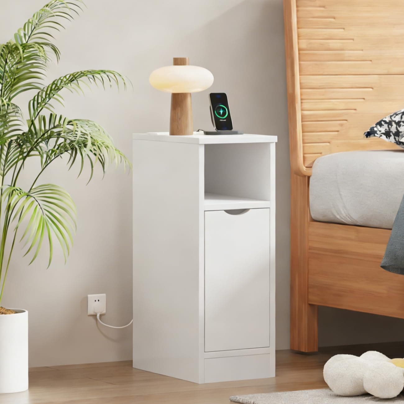 20CM Slim Bedside Table Cabinet White with Shelf, Small Narrow Wood Bed Side Table End Table Nightstand for Bedroom Living Room