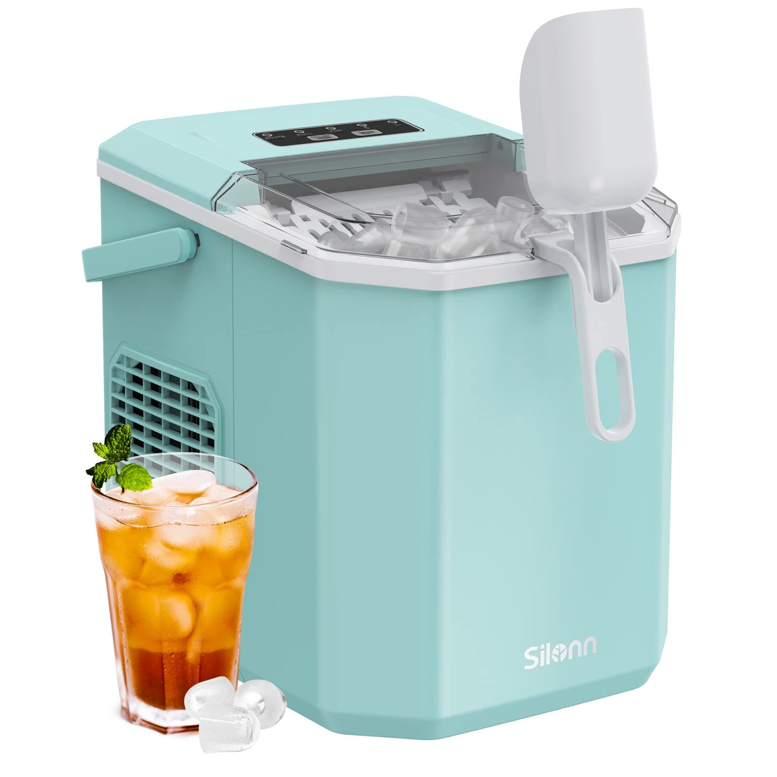 Silonn Ice Maker Countertop Machine with Handle, 26lbs in 24h, 9 Ice Cubes Ready in 6 Mins, Self-Cleaning Ice Makers with Basket and Scoop, Ideal for Home Kitchen Camping, Green