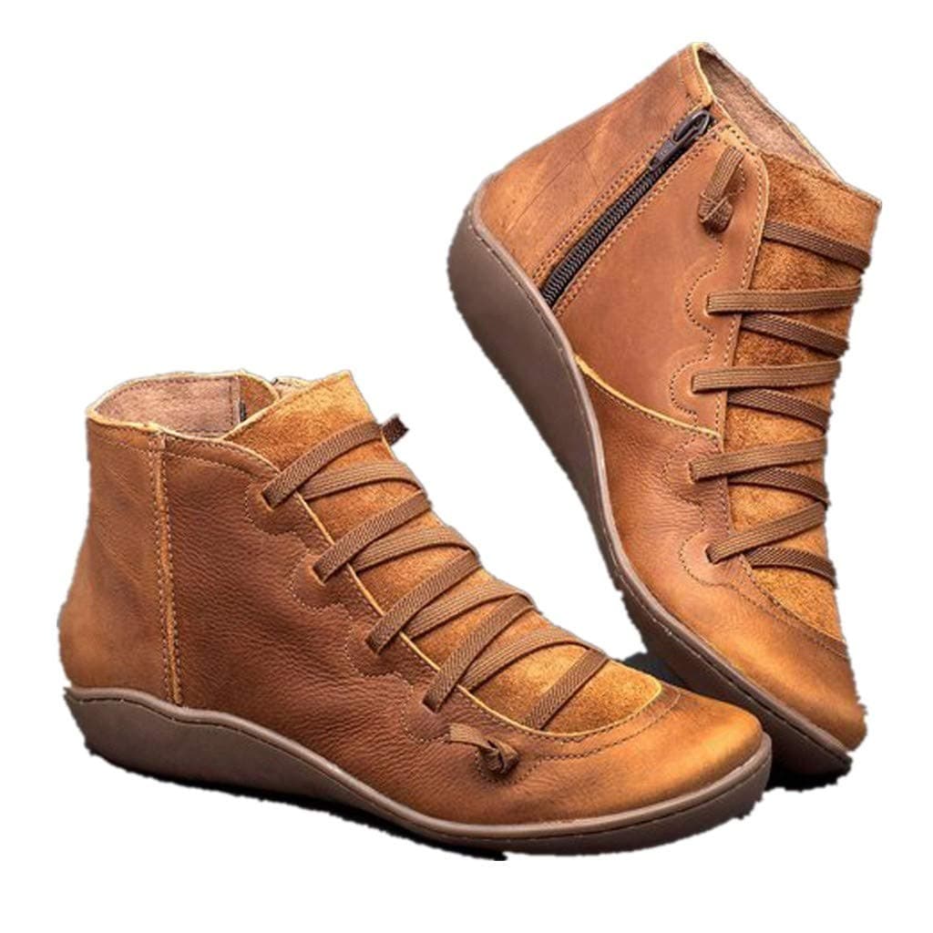 Women's Ankle Boot Flat Heel Lace Up Side Zip Ankle Booties Vintage Retro Round Toe Short Boots Casual Walking Shoes