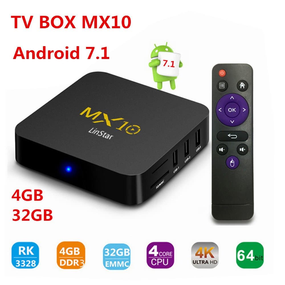 LinStar tv box,MX10 TV BOX Android 7.1 smart TV box Rockchip RK3328 Quad-core 4GB DDR3 RAM 32 ROM EMMC Support H.265 UHD 4K 2.4G WiFi Set-top box
