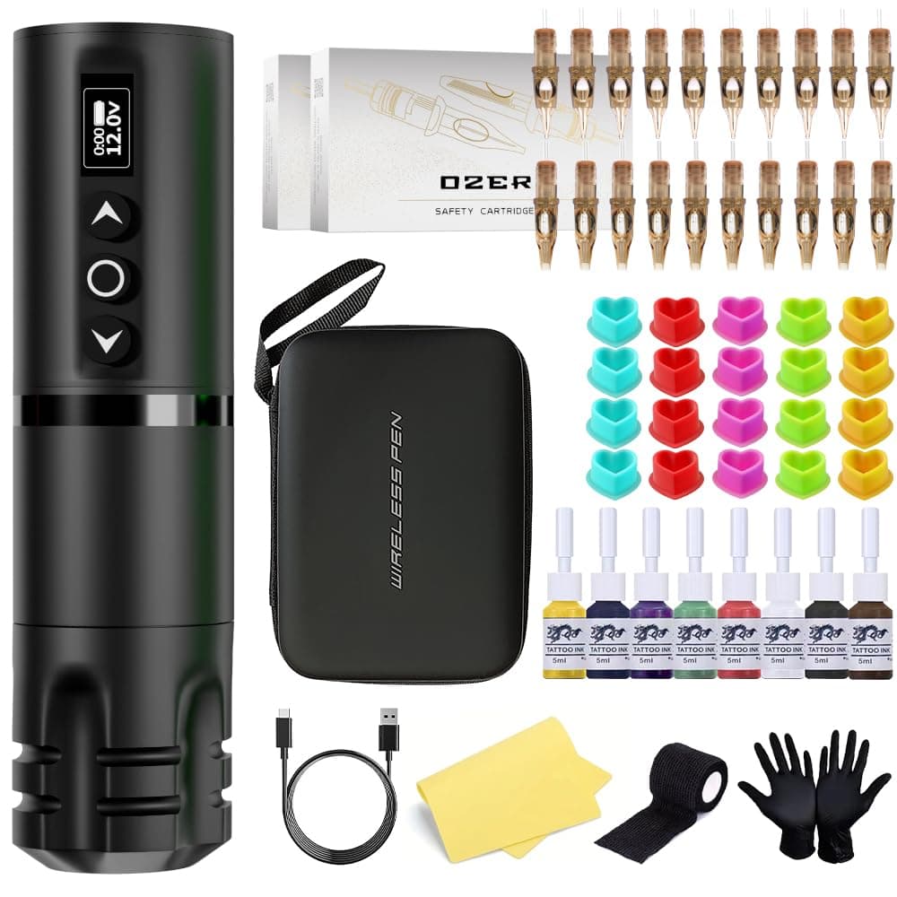 OZER Tattoo Pen Kit Beginner Tattoo Machine Kit featuring 20 cartridges 7 practice inks and a full set of tattoo accessories Tattoo supplies perfect for both beginners and professional tattoo artists