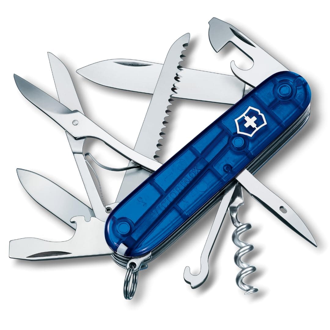 Victorinox Huntsman Swiss Army Pocket Knife, Medium, Multi Tool, 15 Functions, Large Blade, Bottle Opener, Blue Transparent