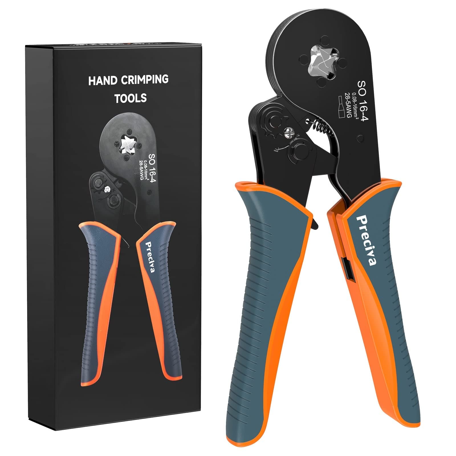 Preciva Orange AWG 28-5 Wire Crimping Tool, Self-Adjustable Ratchet, Square Jaw, Includes Plastic Collar