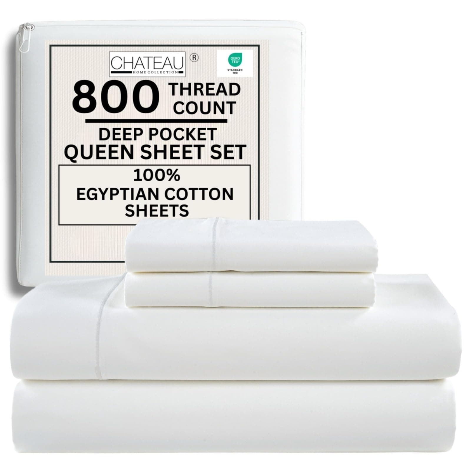 800 Thread Count Queen Sheet set, 100% Egyptian Cotton Sheets Queen Size Bed Set, Silky Sateen Weave Queen Sheets, Ultra-Soft & Durable Hotel Luxury Sheets with 15" Snug Fit Deep Pockets - White