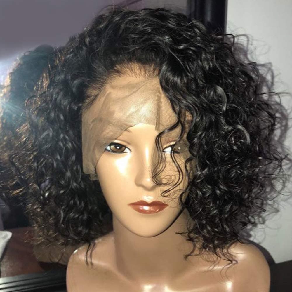 Hair Bob Short Curly Lace Front Wig Pixie Cut with Baby Hair Remy Human Hair Water Wave Bob Lace Wig Pre Plucked for Black Women 8-14" Natural Color 150% Density (8 Inches, 13x4 Size)