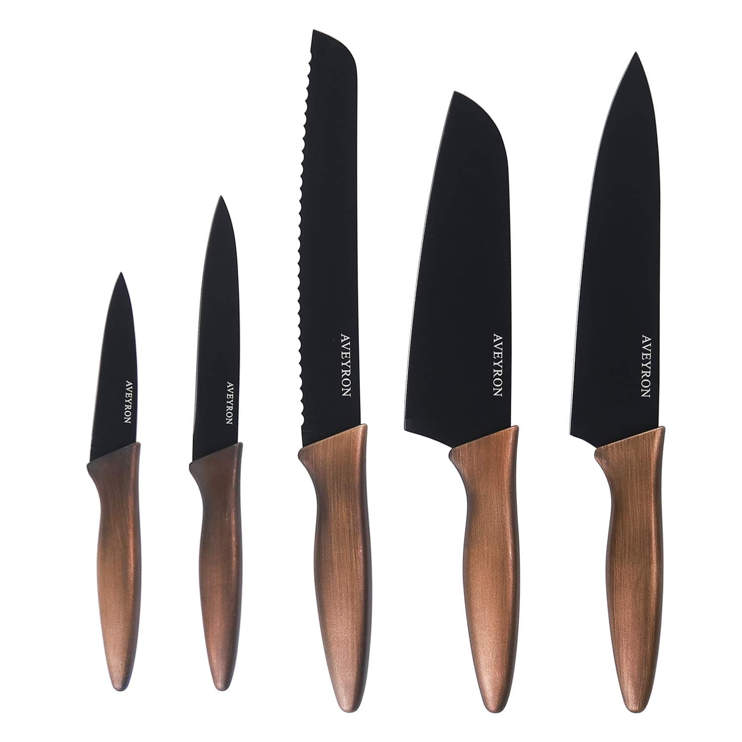 AVEYRON Kitchen Knife Set,Stainless Steel Super Sharp Blade Chef Knife Set with FDA Grade Black Color Coating,Includes 8''Chef,8''Bread,7''Santoku,5''Utility and 3.5''Paring Knife