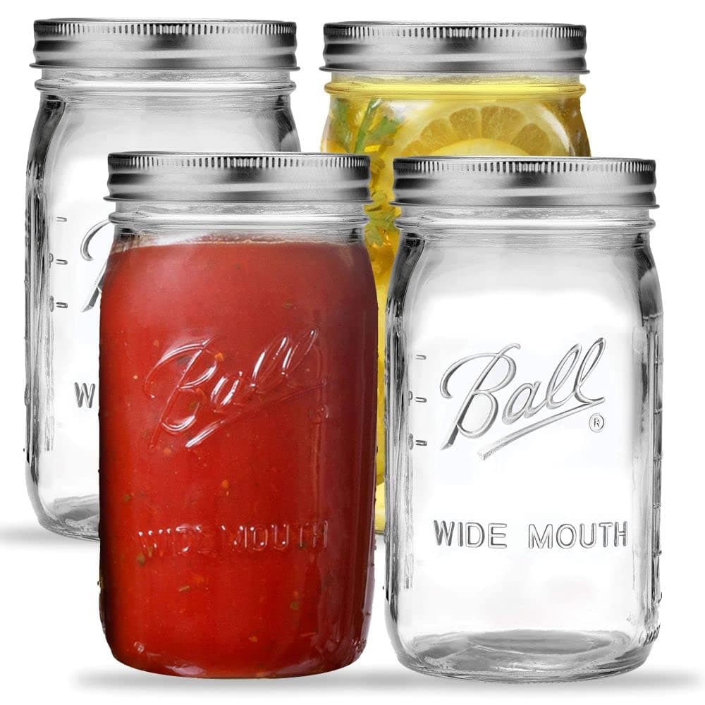 Wide Mouth Mason Jars 32 oz. (4 Pack) - Quart Size Jars with Airtight Lids and Bands - Made in USA - for Canning, Fermenting, Pickling, or DIY Decors and Projects - Bundled with Jar Opener