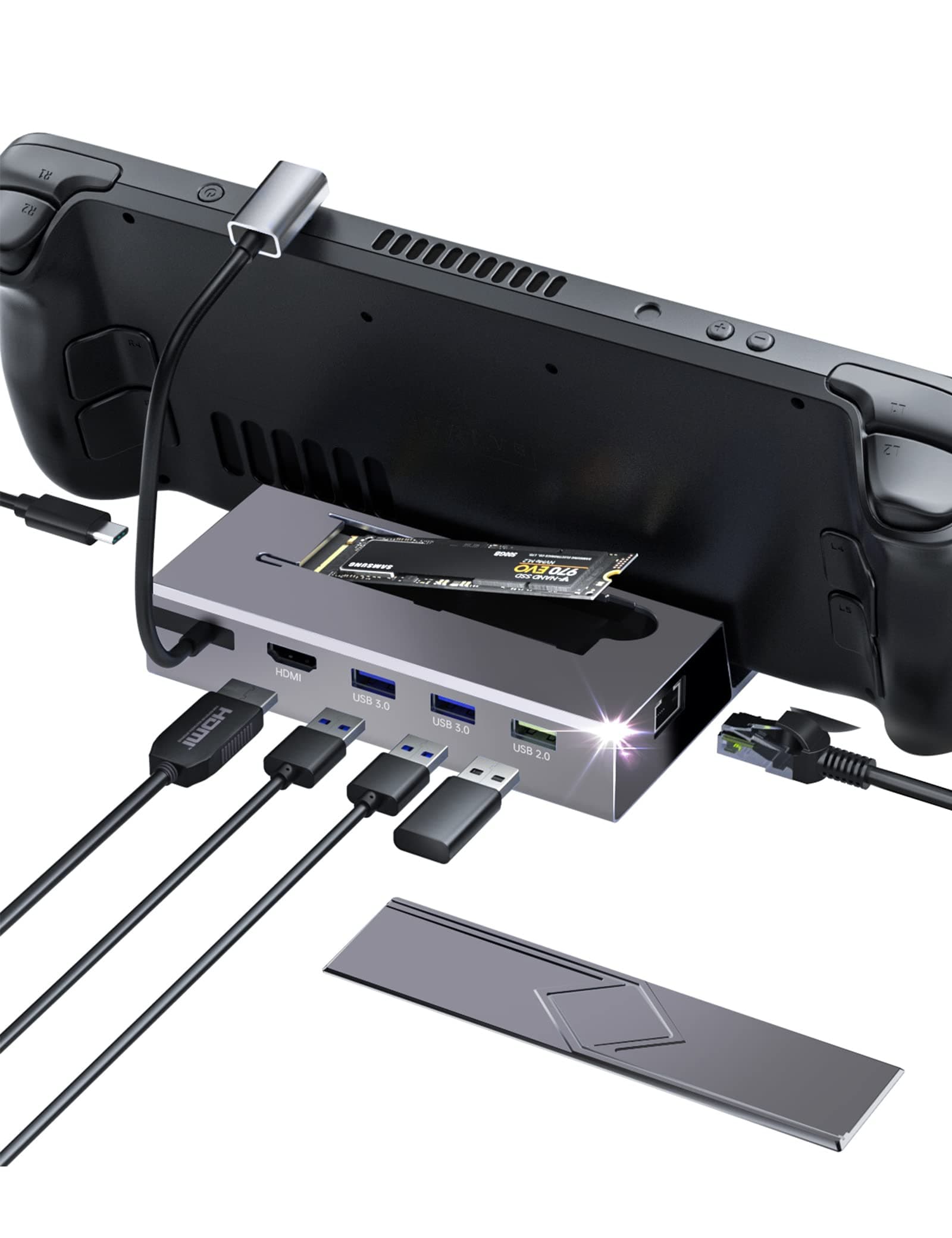 Steam Deck Dock M.2, 7-in-1 Docking Station with SSD Port, HDMI 2.0 4K@60Hz, Gigabit Ethernet, 3 USB & USB-C Charge Ports for Steam Deck