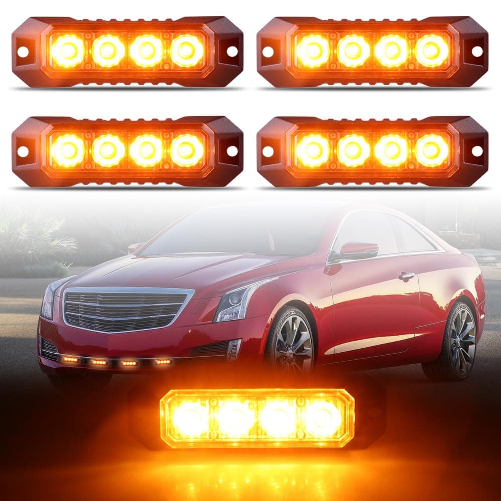 4-LED Surface Mount Strobe Lights for Trucks Car Vehicle Mini Grille Flashing Light Head Emergency Hazard Warning Grill Lamp Ultra Slim 4pcs Sync Feature (Amber)
