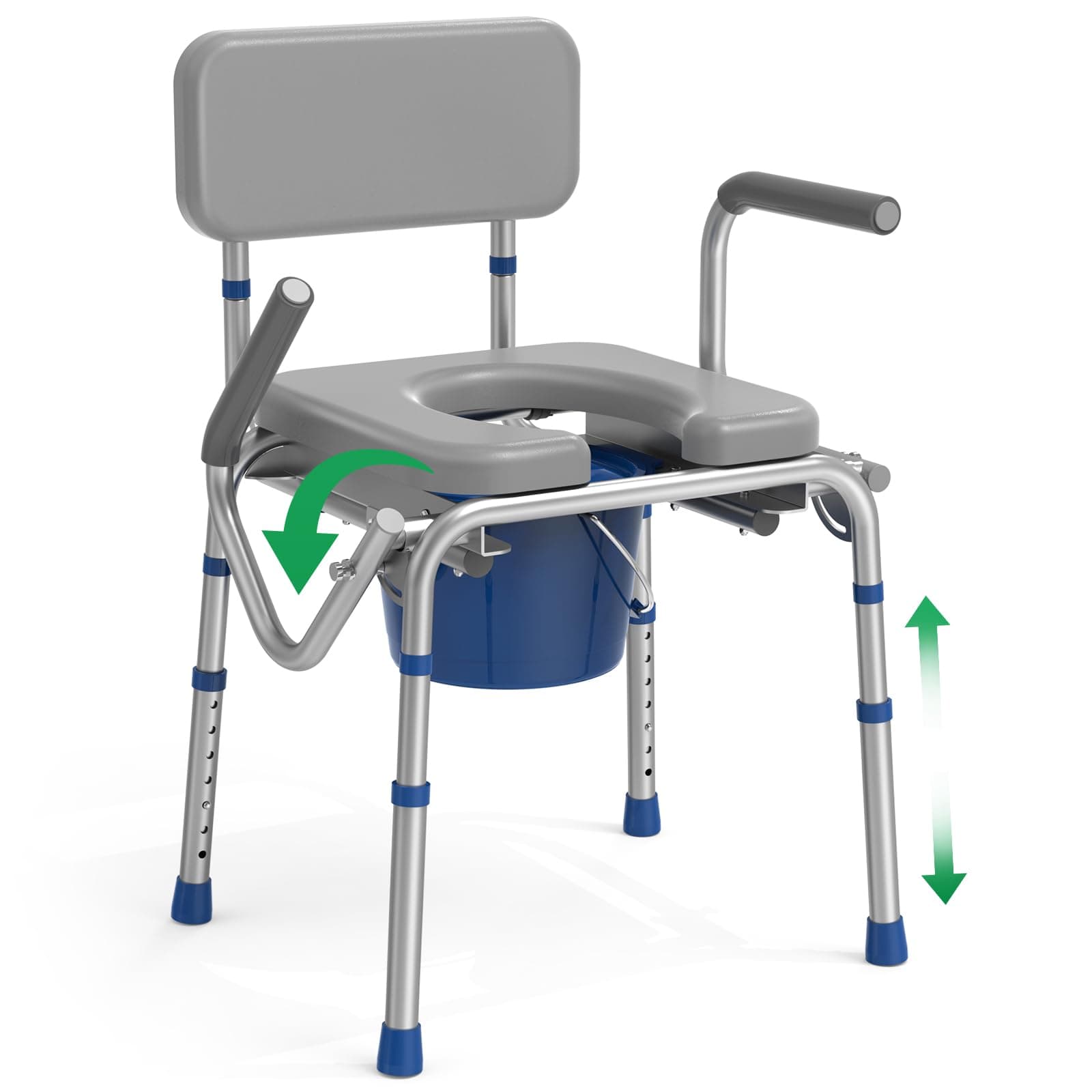 Drop Arm Bedside Commode, Commode with Padded Seat and Backrest, 500lbs Capacity, 5.81QT Removable Bucket, Adjustable Height Portable Toilet for Adults, Gray