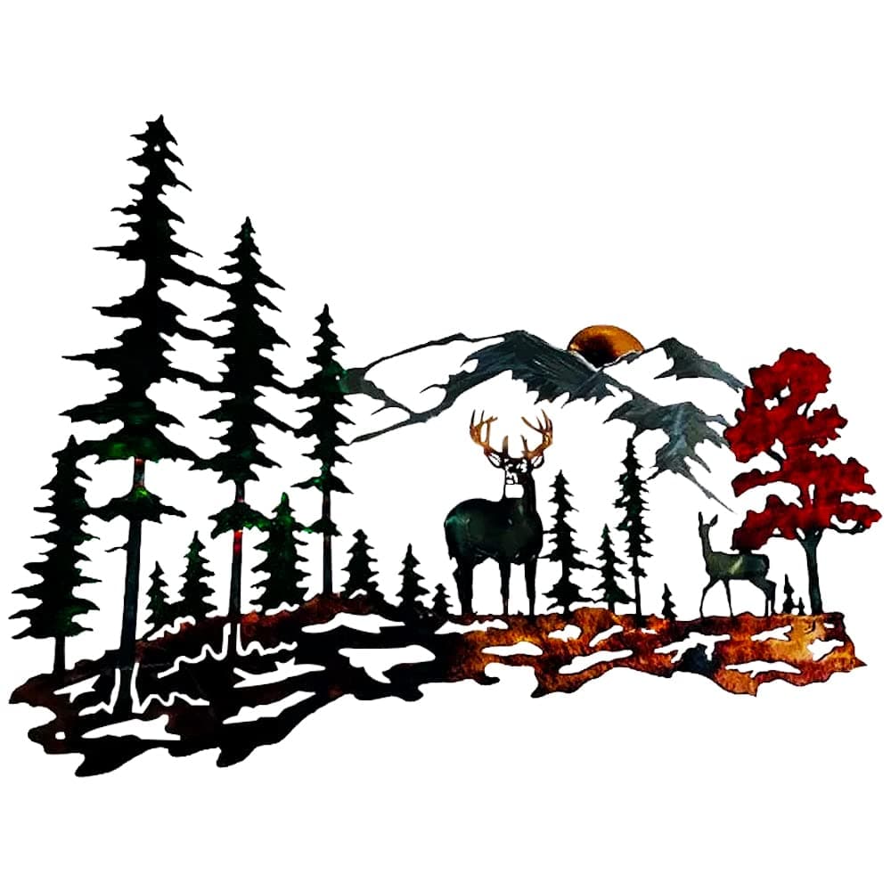 Metal Deer Wall Decor Forest Mountain Wall Art Rustic Cabin Wildlife Hunting Wall Decor for Lodge Bedroom Bathroom, Colorful Metal Deer Wall Decoration Outdoor, 13 X 10 Inch