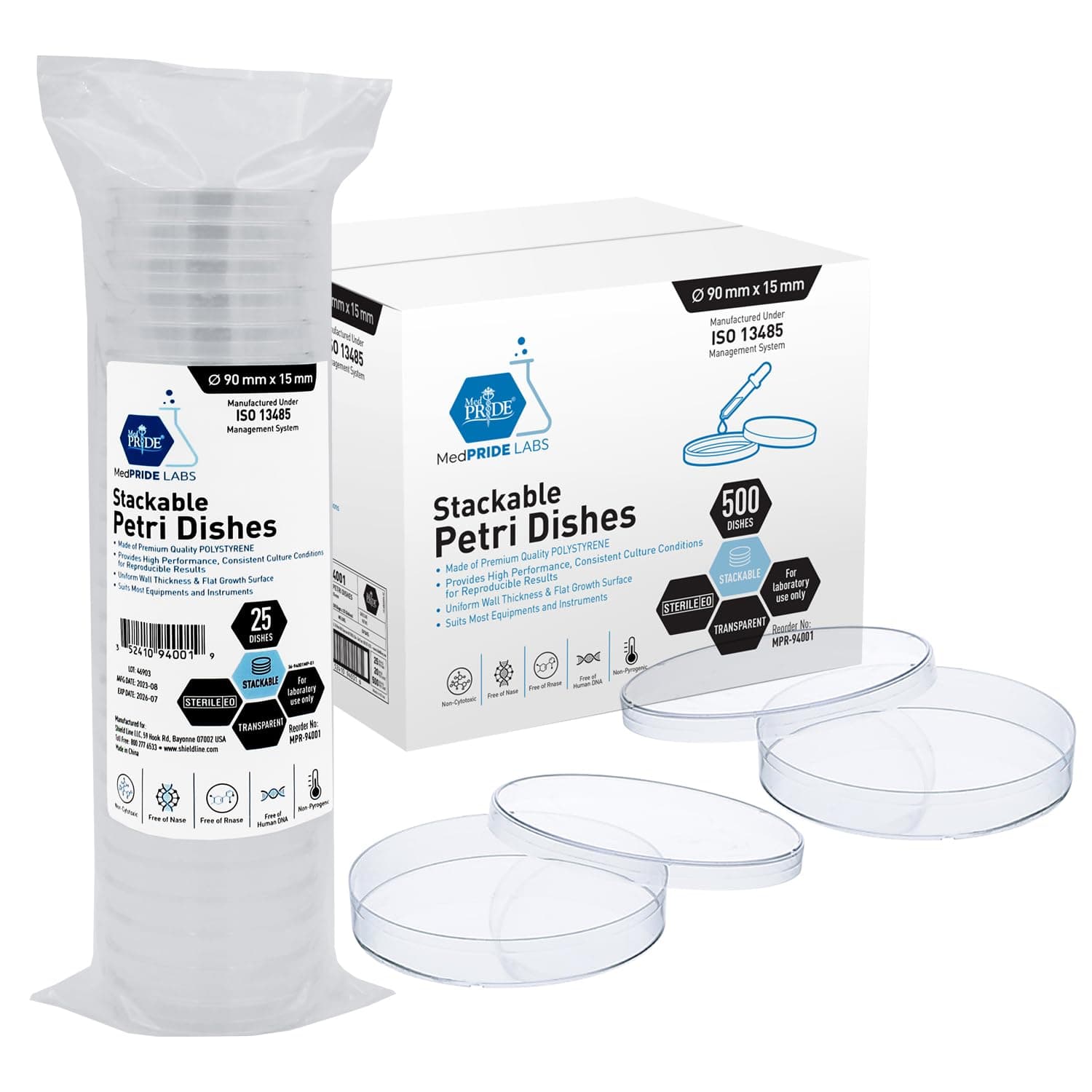MED PRIDE Sterile Disposable Stackable 90mm X 15mm Petri Dishes with Lids, Clear Polystyrene Lab Plates for Science, Biology, Microbiology Experiments (25)