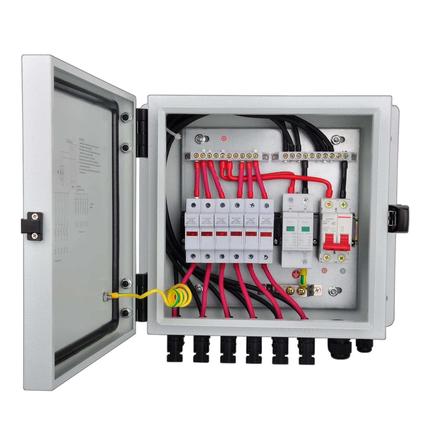 PV Combiner Box, 6 String Solar Combiner Box with 15A Rated Current Fuse, Surge Protective Device and 63A Air Circuit Breaker for On/Off Grid Solar Panel System, Pre-Wired Cable, Metal Box