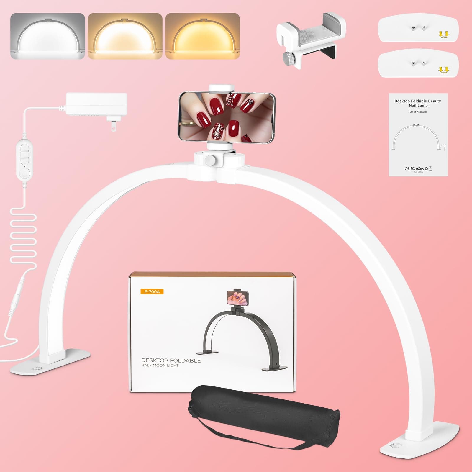 KIRKAS Foldable Esthetician for Half Moon Light Nail Tech for Lash, Craft, Tattoo, Manicure, 29in Large Nail Desk Lamp 4700 Lumens Adjustable 3 Color Modes & 10 Brightness with Phone Stand-White